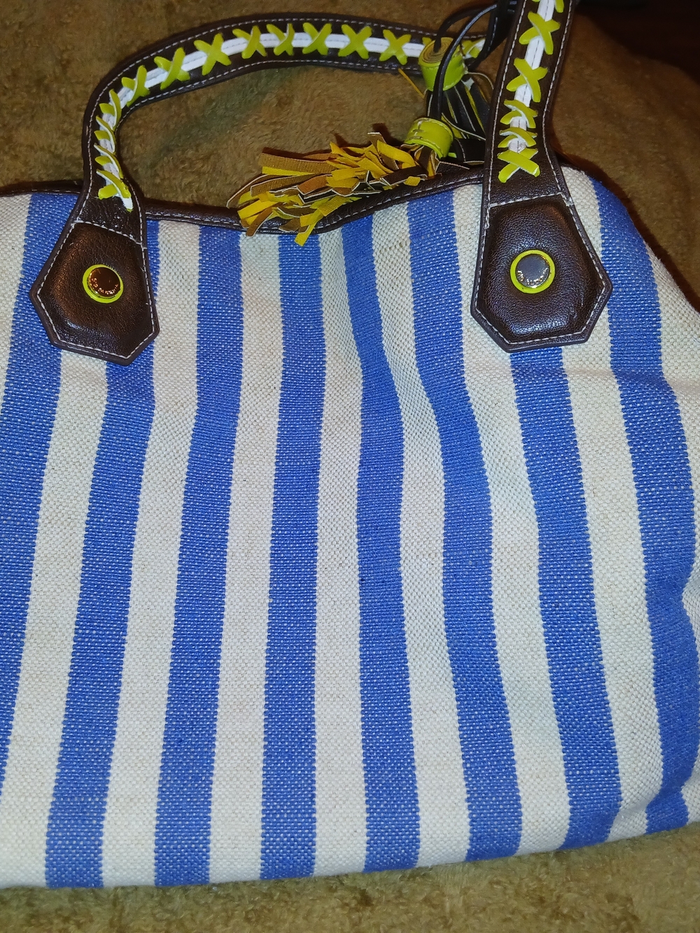 Big Buddha Striped Blue & White Tote Bag with Brown Accents